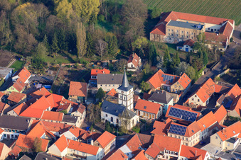 Aerial view of Protestant St. Stephen's Church in the district Albsheim in Obrigheim in the state Rhineland-Palatinate, Germany