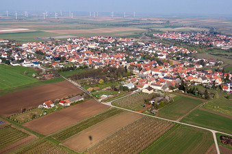 Aerial view of Town View of the streets and houses of the residential areas in Ober-Floersheim in the state Rhineland-Palatinate, Germany