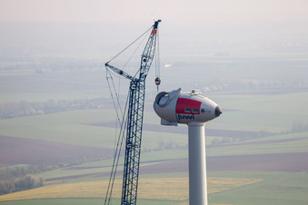 Aerial view of Construction site for wind turbine installation of juwi Holding AG in Gabsheim in the state Rhineland-Palatinate, Germany