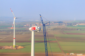 Wind turbine construction site in Gabsheim in the state Rhineland-Palatinate, Germany seen from above