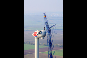 Bird's eye view of Wind turbine construction site in Gabsheim in the state Rhineland-Palatinate, Germany