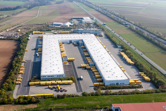 Aerial photograpy of Building complex and grounds of the logistics center of DHL in Saulheim in the state Rhineland-Palatinate, Germany