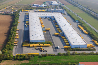 Oblique view of DHL Parcel Center Saulheim in the district Nieder-Saulheim in Saulheim in the state Rhineland-Palatinate, Germany