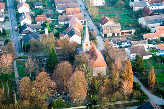 Aerial view of Wolfgangskirche and cemetery in Kirchstr in Freckenfeld in the state Rhineland-Palatinate, Germany