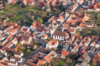 Aerial view of Church building of catholic Church in Ottersheim bei Landau in the state Rhineland-Palatinate, Germany