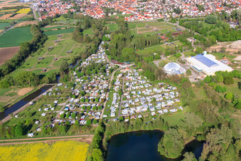 Aerial view of Camping Resort Rülzheim At the Moby Dick Leisure Center in Rülzheim in the state Rhineland-Palatinate, Germany