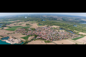 Aerial photograpy of Panoramic perspective Town View of the streets and houses of the residential areas in Leimersheim in the state Rhineland-Palatinate, Germany