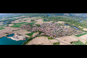 Oblique view of Panoramic perspective Town View of the streets and houses of the residential areas in Leimersheim in the state Rhineland-Palatinate, Germany
