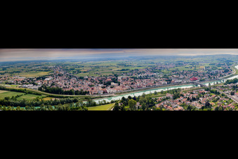 Panoramic perspective City center in the downtown area on the banks of river course of Tagliamento in Latisana in Friuli-Venezia Giulia, Italy