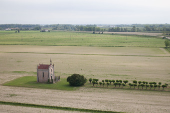 Aerial view of Alley to the chapel near Cesarolo in Cesarolo in Veneto, Italy