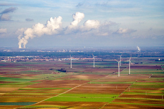 Wind turbines from the southwest in Knittelsheim in the state Rhineland-Palatinate, Germany