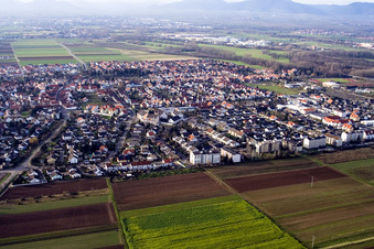 Aerial photograpy of View of the streets and houses in the residential areas in Offenbach an der Queich in the state Rhineland-Palatinate, Germany