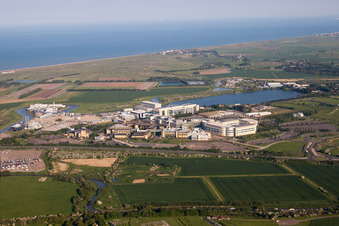 Aerial view of Building and production halls on the premises of the chemical manufacturers Pfizer Ltd and Discovery Park in Sandwich in England, United Kingdom