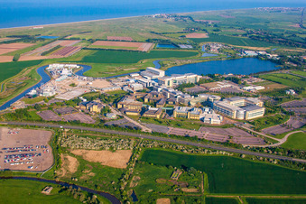 Aerial photograpy of Building and production halls on the premises of the chemical manufacturers Pfizer Ltd and Discovery Park in Sandwich in England, United Kingdom