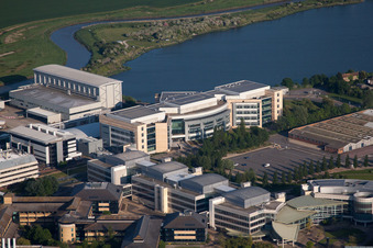 Aerial view of Building and production halls on the premises of the chemical manufacturers Pfizer Ltd and Discovery Park in Sandwich in England, United Kingdom