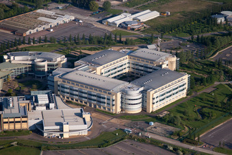 Aerial photograpy of Building and production halls on the premises of the chemical manufacturers Pfizer Ltd and Discovery Park in Sandwich in England, United Kingdom