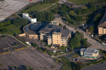 Building and production halls on the premises of the chemical manufacturers Pfizer Ltd and Discovery Park in Sandwich in England, United Kingdom from above