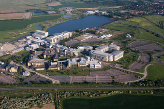 Building and production halls on the premises of the chemical manufacturers Pfizer Ltd and Discovery Park in Sandwich in England, United Kingdom out of the air