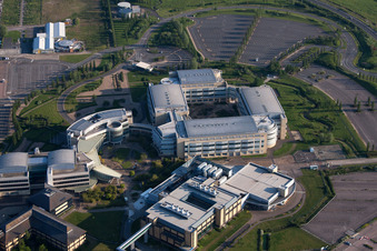 Building and production halls on the premises of the chemical manufacturers Pfizer Ltd and Discovery Park in Sandwich in England, United Kingdom seen from above