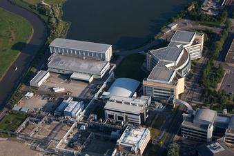 Building and production halls on the premises of the chemical manufacturers Pfizer Ltd and Discovery Park in Sandwich in England, United Kingdom from the plane