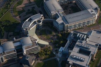 Bird's eye view of Building and production halls on the premises of the chemical manufacturers Pfizer Ltd and Discovery Park in Sandwich in England, United Kingdom