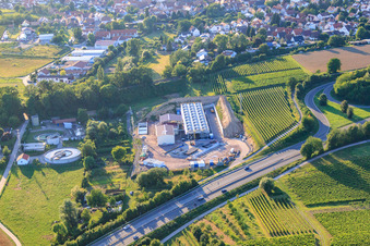 Geothermal plant of Pfalzwerke geofuture GmbH at Insheim on the A65 in Insheim in the state Rhineland-Palatinate, Germany from the plane