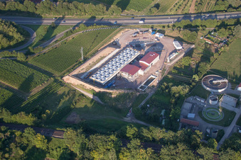 Power plants of geo-thermal power station on A65 in Insheim in the state Rhineland-Palatinate from above