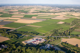 Power plants of geo-thermal power station on A65 in Insheim in the state Rhineland-Palatinate seen from above