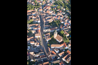 Town View of the streets and houses of the residential areas in the district Billigheim in Billigheim-Ingenheim in the state Rhineland-Palatinate seen from above