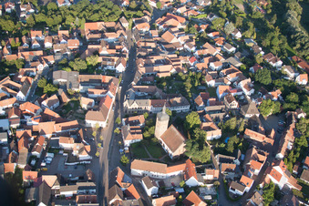 Town View of the streets and houses of the residential areas in the district Billigheim in Billigheim-Ingenheim in the state Rhineland-Palatinate from the plane