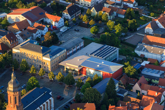 Aerial photograpy of Renovated town hall on the market square in Kandel in the state Rhineland-Palatinate, Germany