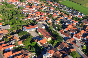 Aerial view of Mundoplatz, primary school and Mundohalle in Minfeld in the state Rhineland-Palatinate, Germany