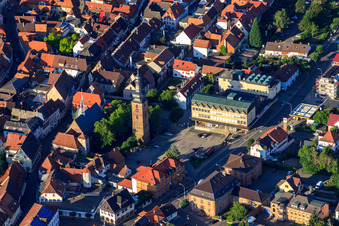 Aerial view of Messplatz with Sparkasse Südpfalz in Bad Bergzabern in the state Rhineland-Palatinate, Germany