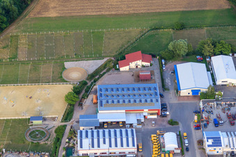 Aerial view of Am Gäxwald industrial estate with REGAB GmbH civil engineering, transparent packaging Weber GmbH and Feinwerk precision and measuring technology GmbH & Co. KG in Herxheim bei Landau in the state Rhineland-Palatinate, Germany