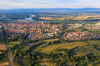 Oblique view of City overview to the Rhine from the southwest in Speyer in the state Rhineland-Palatinate, Germany