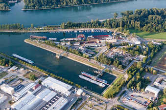 Aerial view of Quays and boat moorings at the port of the inland port on the Rhine river in Speyer in the state Rhineland-Palatinate, Germany