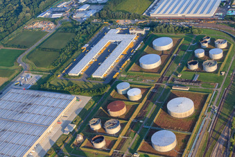 Oblique view of TanQuid fuel depot at the airport in Speyer in the state Rhineland-Palatinate, Germany