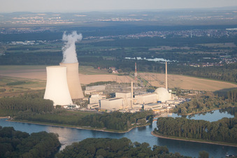 Nuclear power plant from the southwest in Philippsburg in the state Baden-Wuerttemberg, Germany