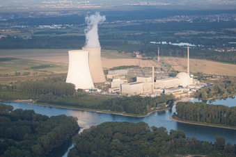 Aerial view of Nuclear power plant from the southwest in Philippsburg in the state Baden-Wuerttemberg, Germany