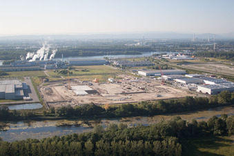 Oberwald industrial area in Wörth am Rhein in the state Rhineland-Palatinate, Germany seen from above