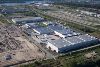 Drone recording of Oberwald industrial area in Wörth am Rhein in the state Rhineland-Palatinate, Germany