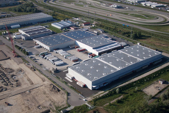 Oberwald industrial area in Wörth am Rhein in the state Rhineland-Palatinate, Germany from the drone perspective