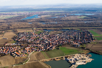 Oblique view of Village - view on the edge of agricultural fields and farmland in Leimersheim in the state Rhineland-Palatinate