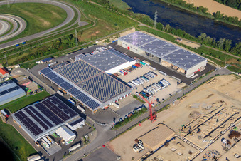 Halls and trucks of the NUSS Group in the Oberwald industrial area in Wörth am Rhein in the state Rhineland-Palatinate, Germany