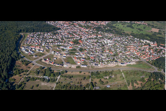 Panoramic perspective Construction sites for new construction residential area of detached housing estate West in Jockgrim in the state Rhineland-Palatinate, Germany