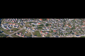 Aerial view of Panoramic perspective Construction sites for new construction residential area of detached housing estate West in Jockgrim in the state Rhineland-Palatinate, Germany