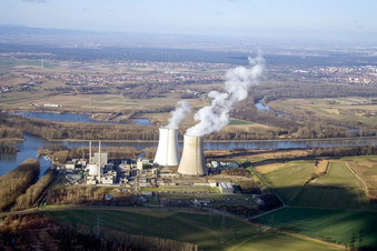 Nuclear power plant from the east in Philippsburg in the state Baden-Wuerttemberg, Germany