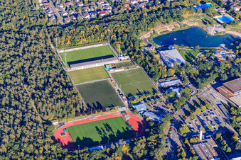 Aerial view of Waldstadion, Astoria Hall, sports and culture of SG Walldorf Astoria 1902 eV, FC Astoria Stadium and Aqwa Baths and Sauna Park Walldorf in Walldorf in the state Baden-Wuerttemberg, Germany