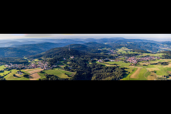 Panoramic perspective of Forest and mountain scenery of the Odenwald in the district Siedelsbrunn in Wald-Michelbach in the state Hesse, Germany