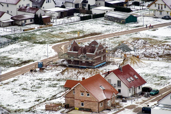 New development area NE in winter with snow in the district Schaidt in Wörth am Rhein in the state Rhineland-Palatinate, Germany from above